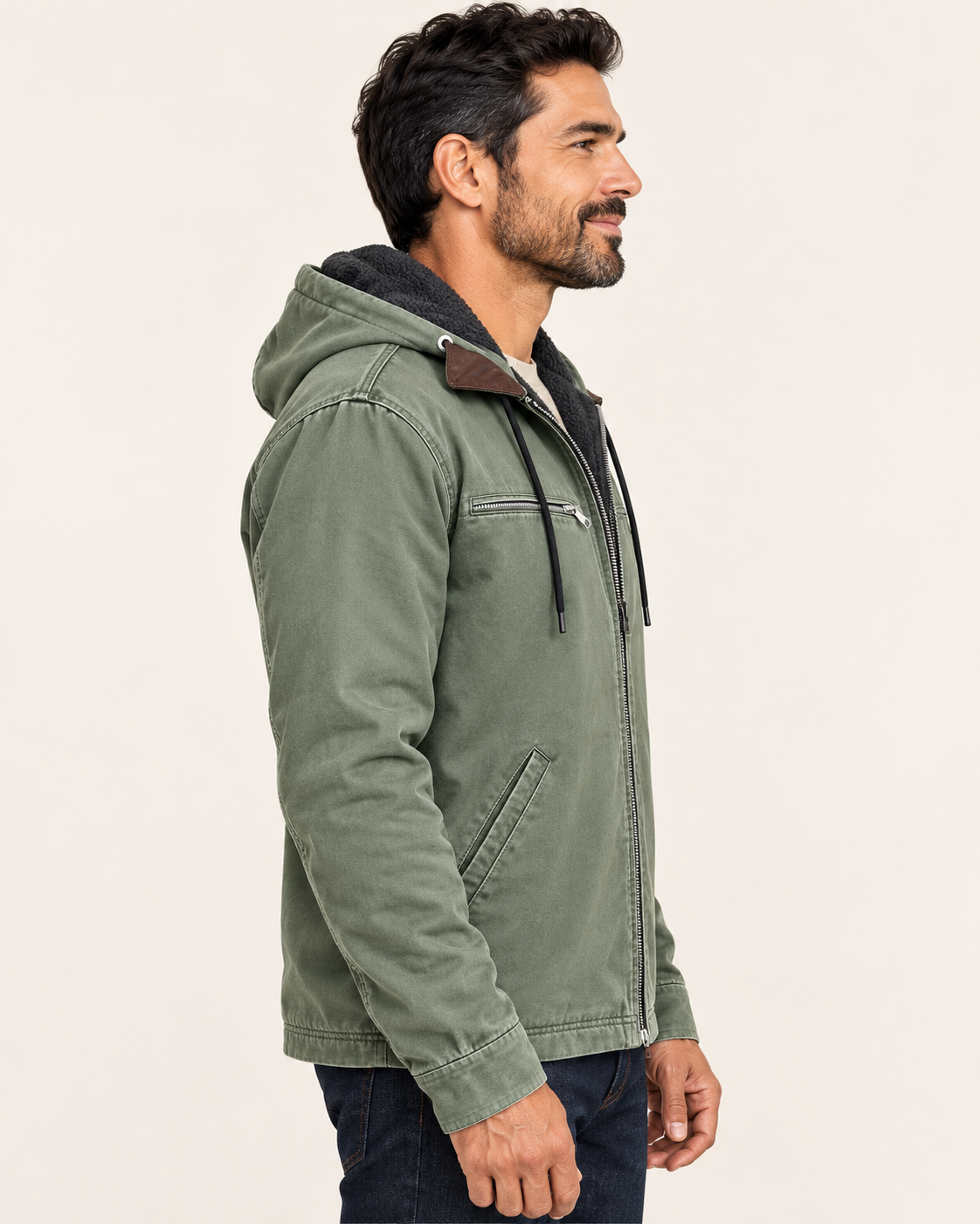 Men's Fleece Lined Hooded Canvas Jacket in Sage Green, view 2