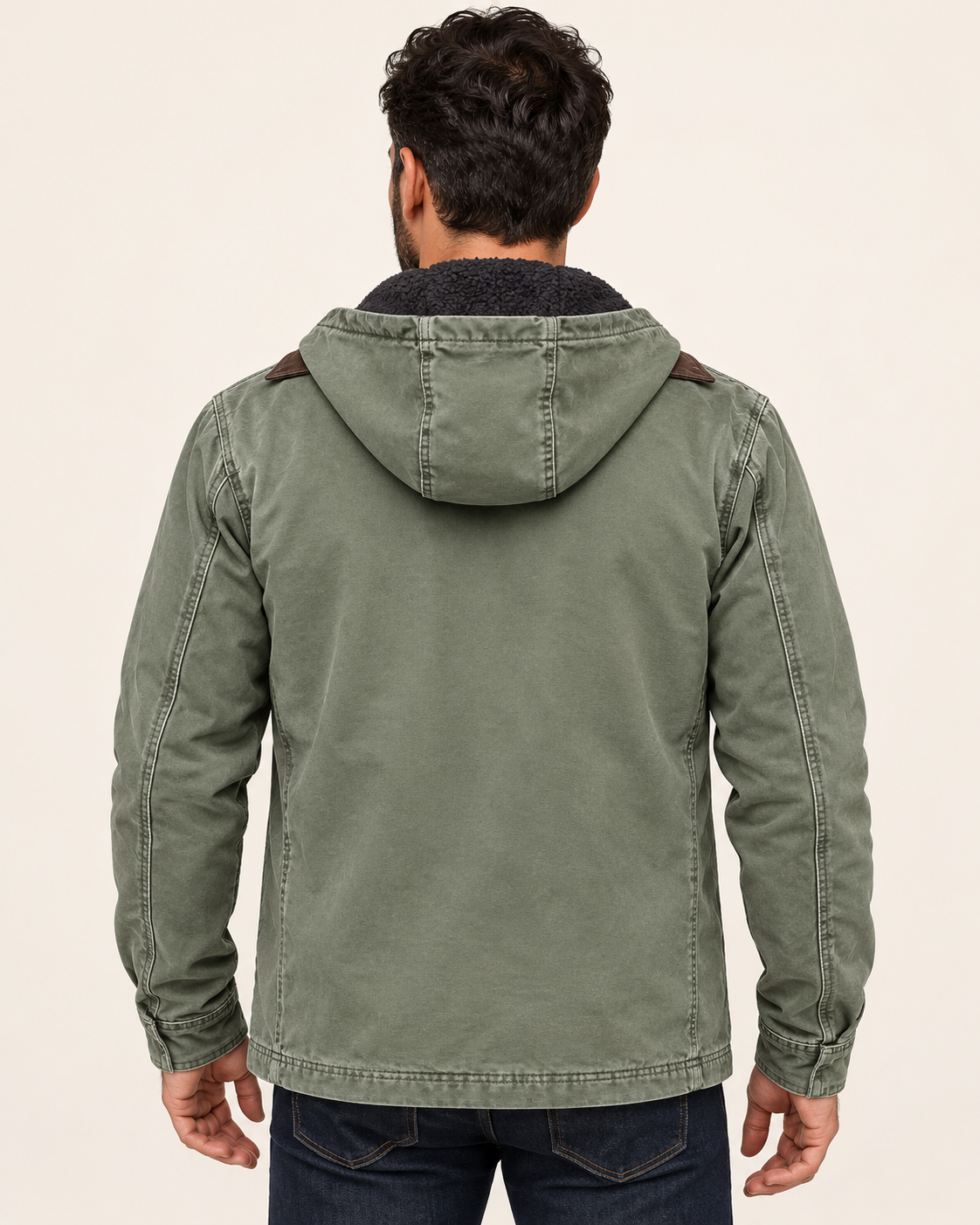 Men's Fleece Lined Hooded Canvas Jacket in Sage Green, view 3