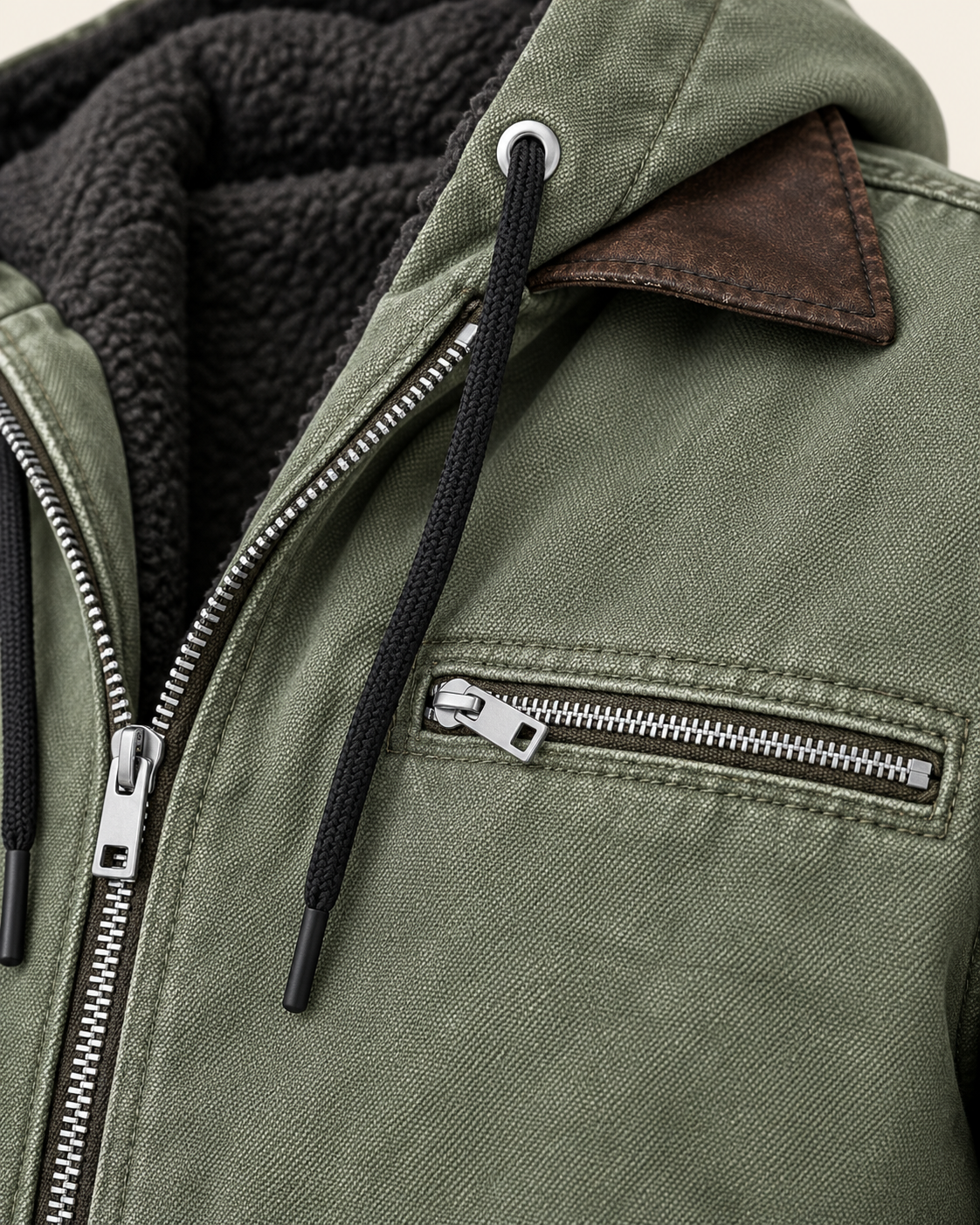 Men's Fleece Lined Hooded Canvas Jacket in Sage Green, view 4