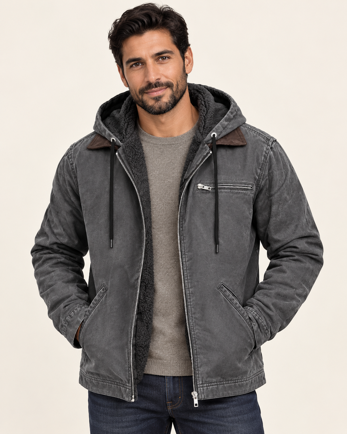 Men's Fleece Lined Hooded Canvas Jacket in Grey