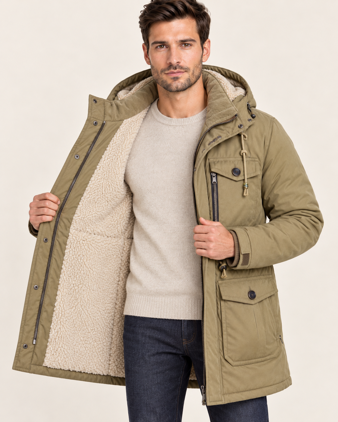 Men's Fleece Lined Parka with Detachable Hood and Flap Pockets in Khaki, view 2