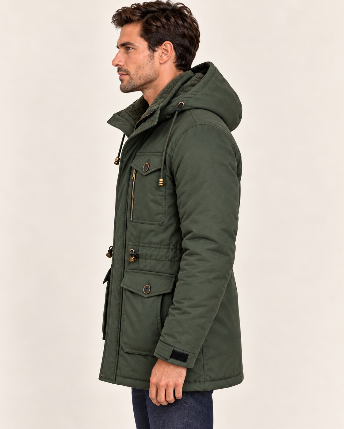 Men's Fleece Lined Parka with Detachable Hood and Flap Pockets in Dark Green, view 2