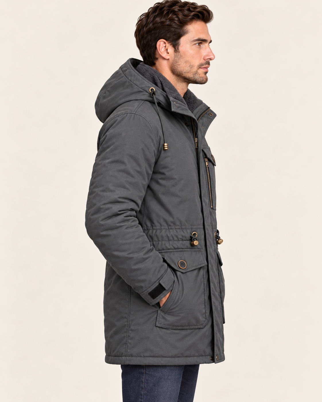 Men's Fleece Lined Parka with Detachable Hood and Flap Pockets in Grey, view 2