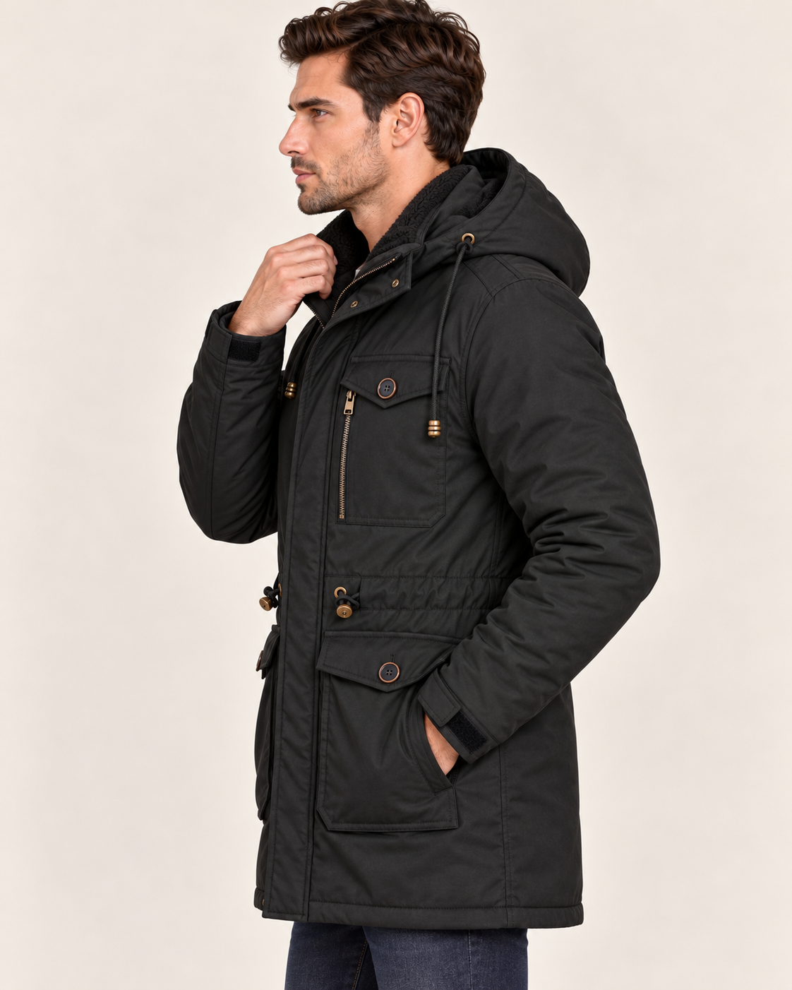 Men's Fleece Lined Parka with Detachable Hood and Flap Pockets in Black, view 2