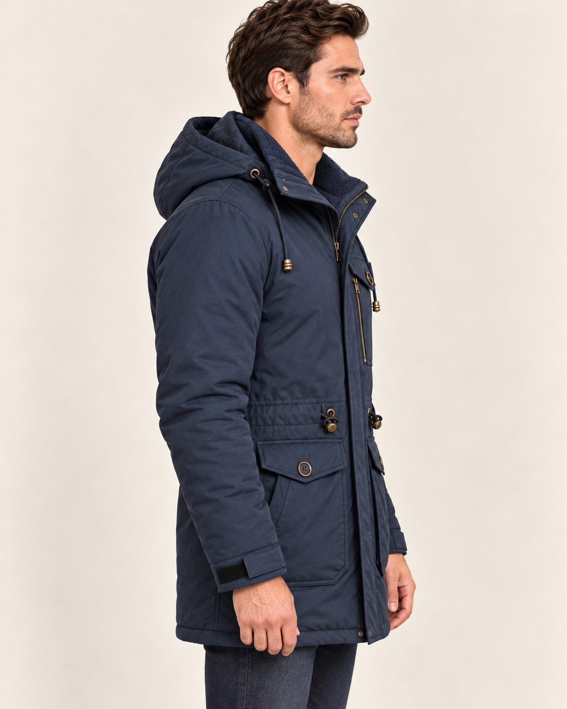 Men's Fleece Lined Parka with Detachable Hood and Flap Pockets in Navy Blue, view 2