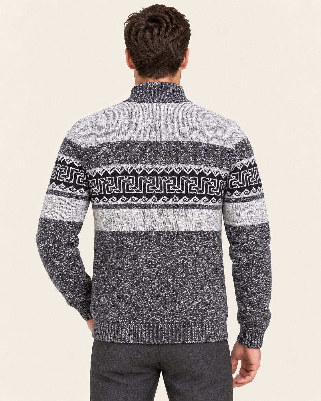 Men's Full Zip Cardigan with Geometric Jacquard Pattern in Dark Grey, back view