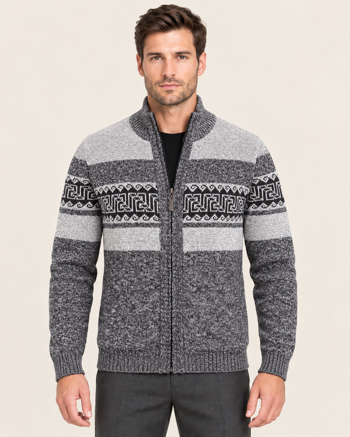 Men's Full Zip Cardigan with Geometric Jacquard Pattern in Dark Grey