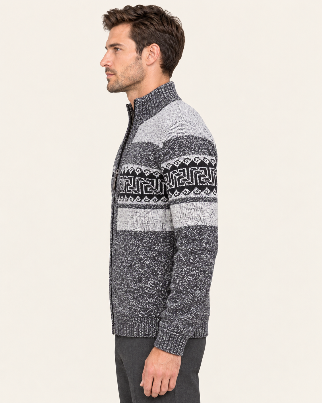 Men's Full Zip Cardigan with Geometric Jacquard Pattern in Dark Grey, side view