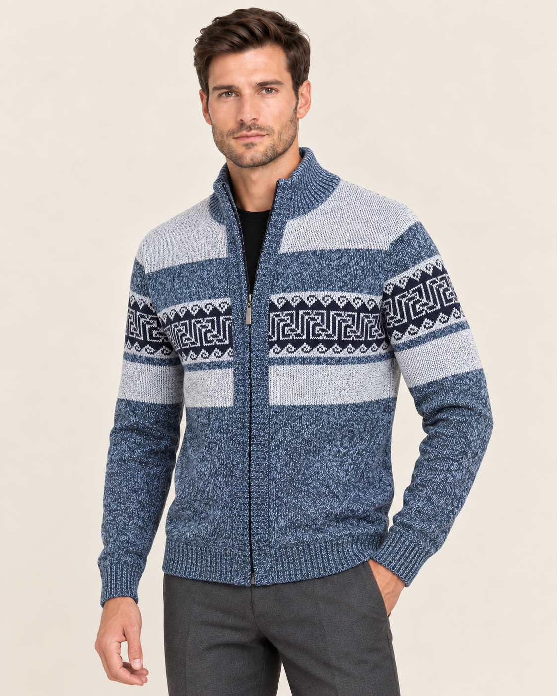 Men's Full Zip Cardigan with Geometric Jacquard Pattern in Navy