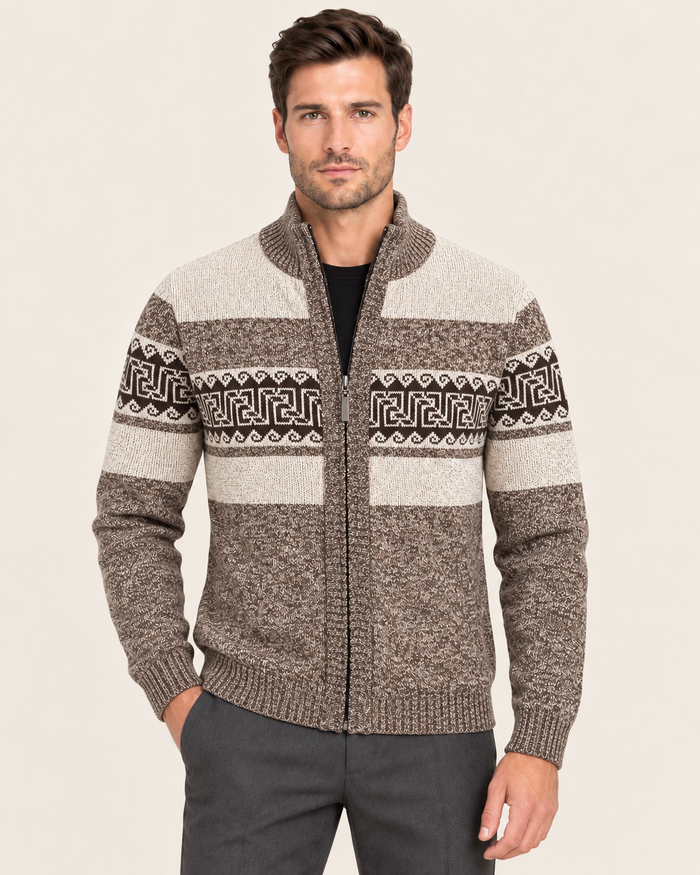 Men's Full Zip Cardigan with Geometric Jacquard Pattern in Coffee