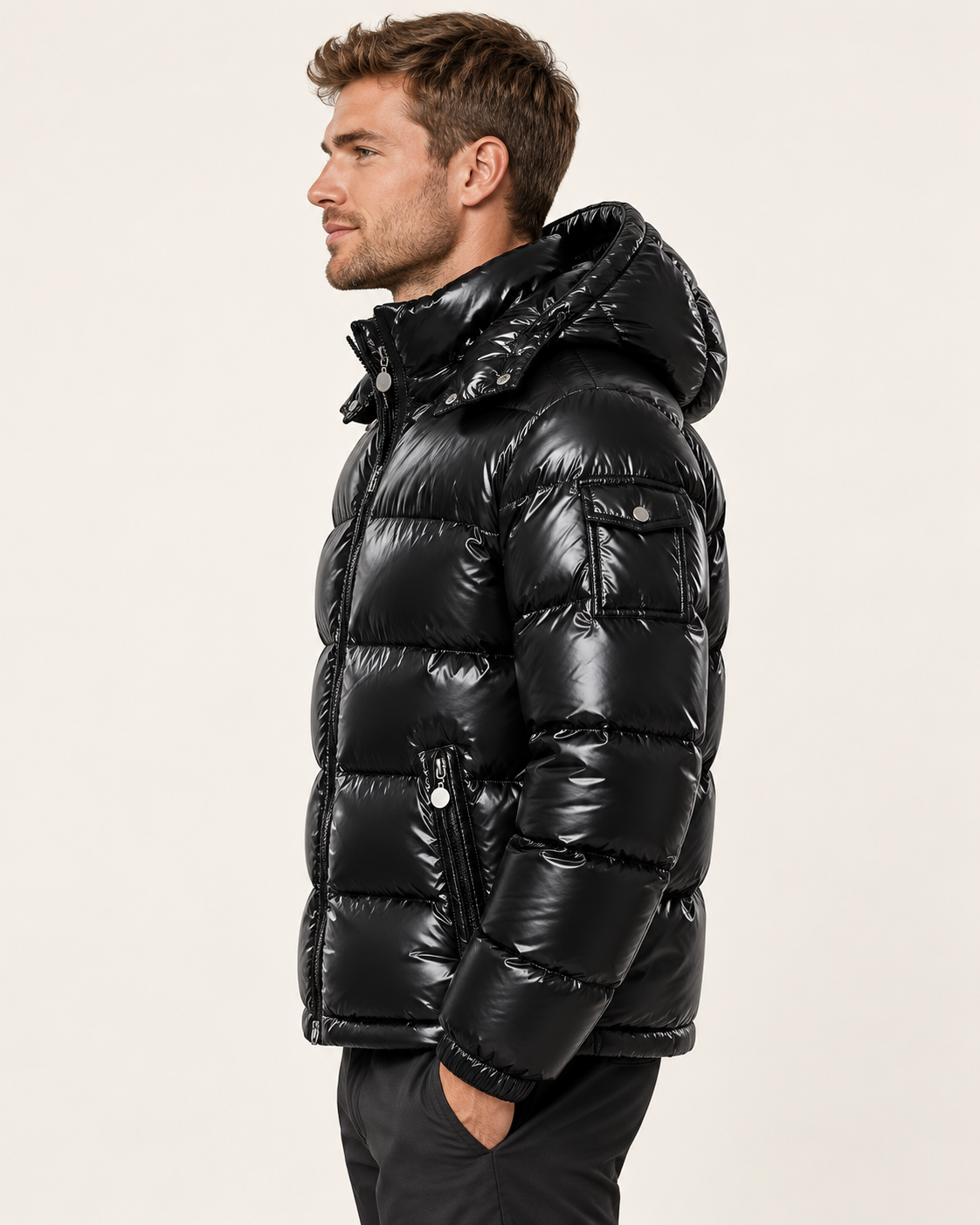 Men's Glossy Hooded Puffer Jacket in Black, view 4