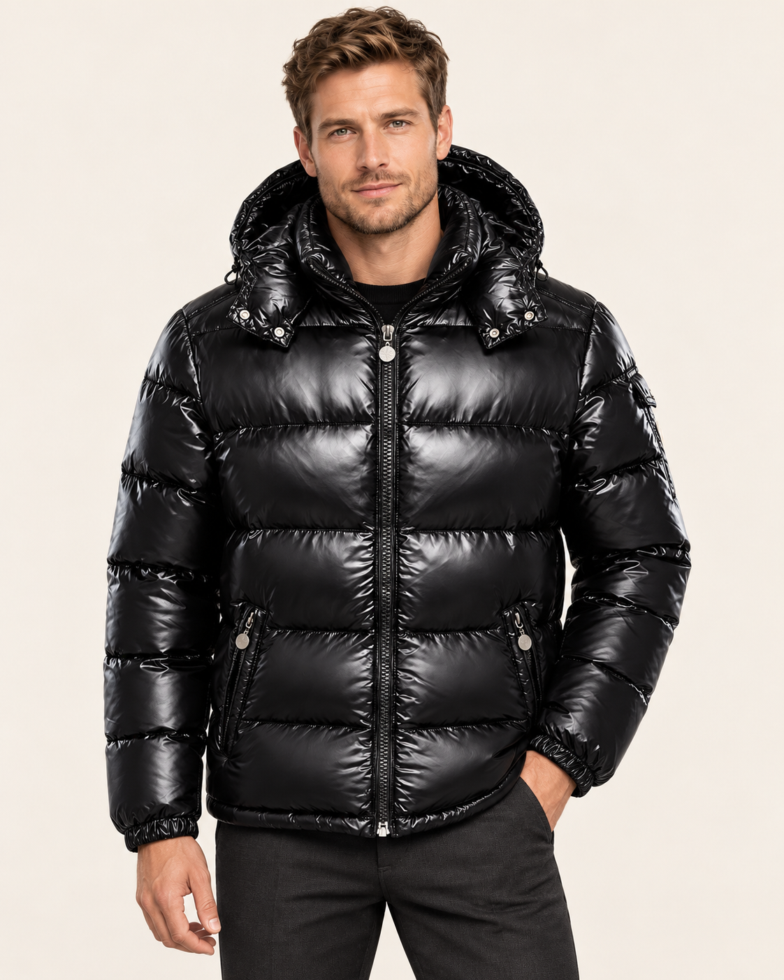 Men's Glossy Hooded Puffer Jacket in Black