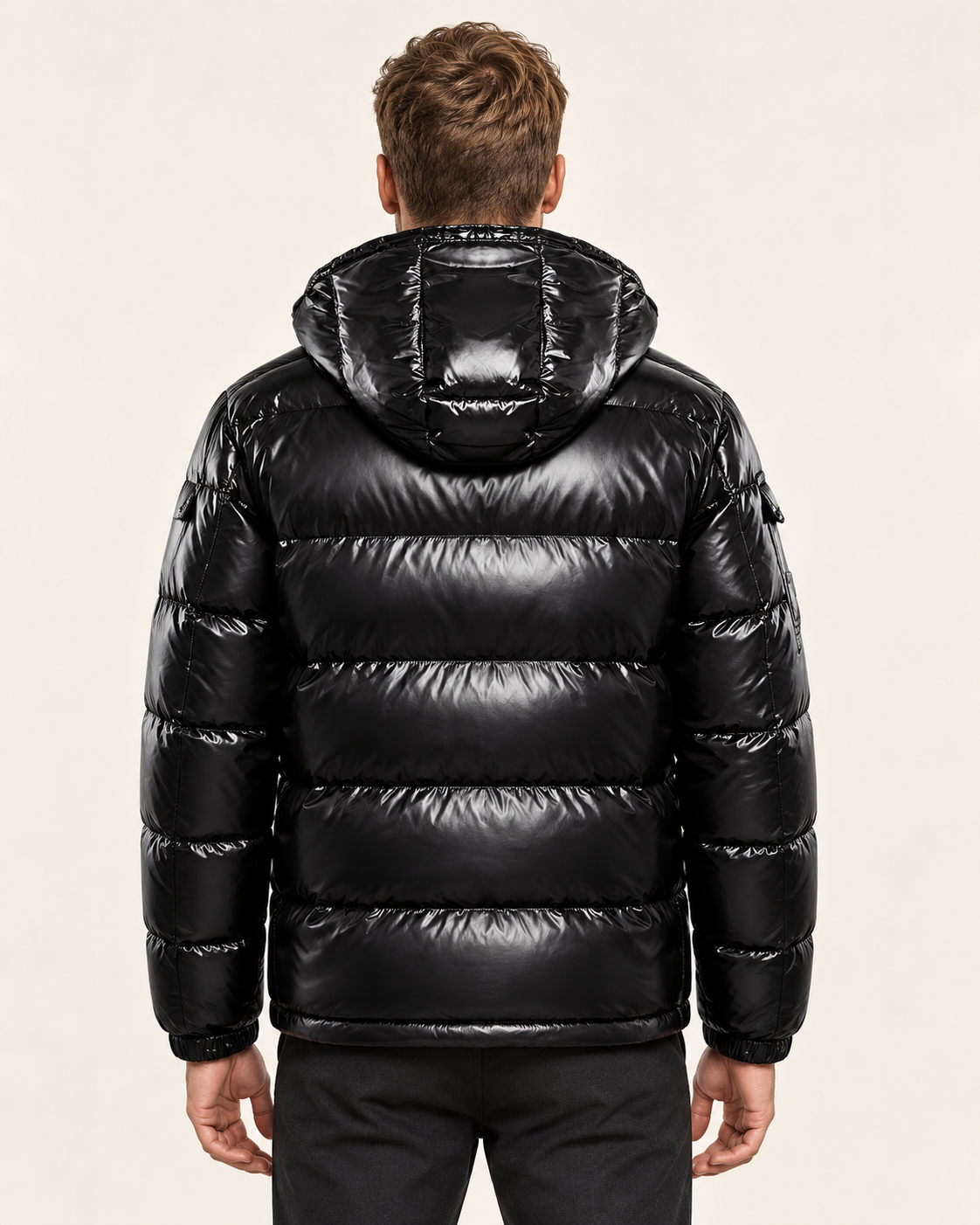 Men's Glossy Hooded Puffer Jacket in Black, view 5