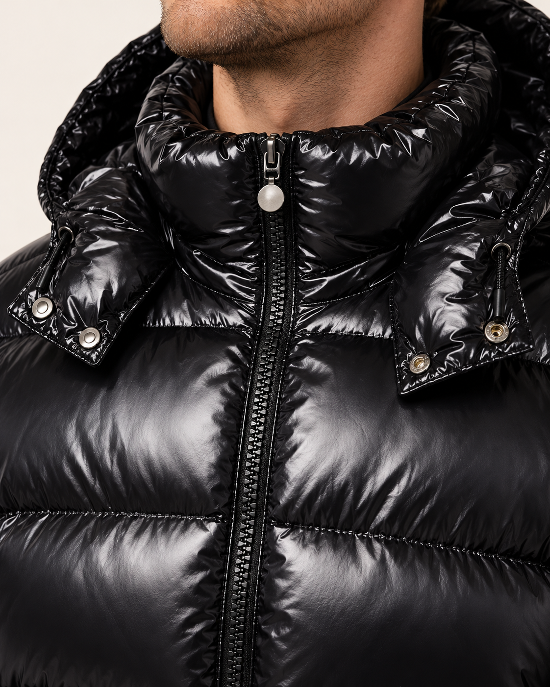 Men's Glossy Hooded Puffer Jacket in Black, view 2