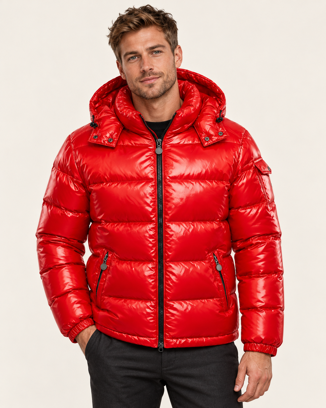 Men's Glossy Hooded Puffer Jacket in Red