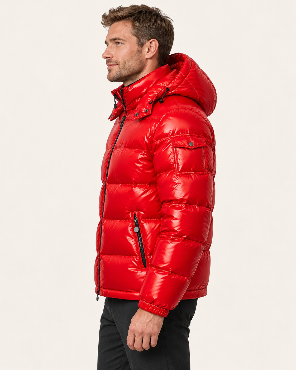 Men's Glossy Hooded Puffer Jacket in Red, view 4