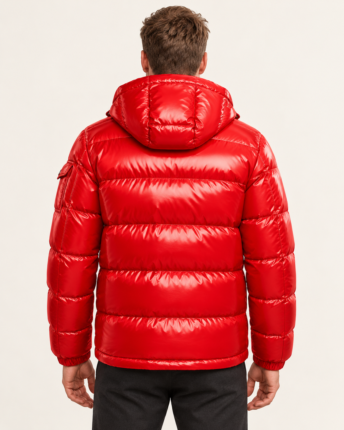 Men's Glossy Hooded Puffer Jacket in Red, view 5