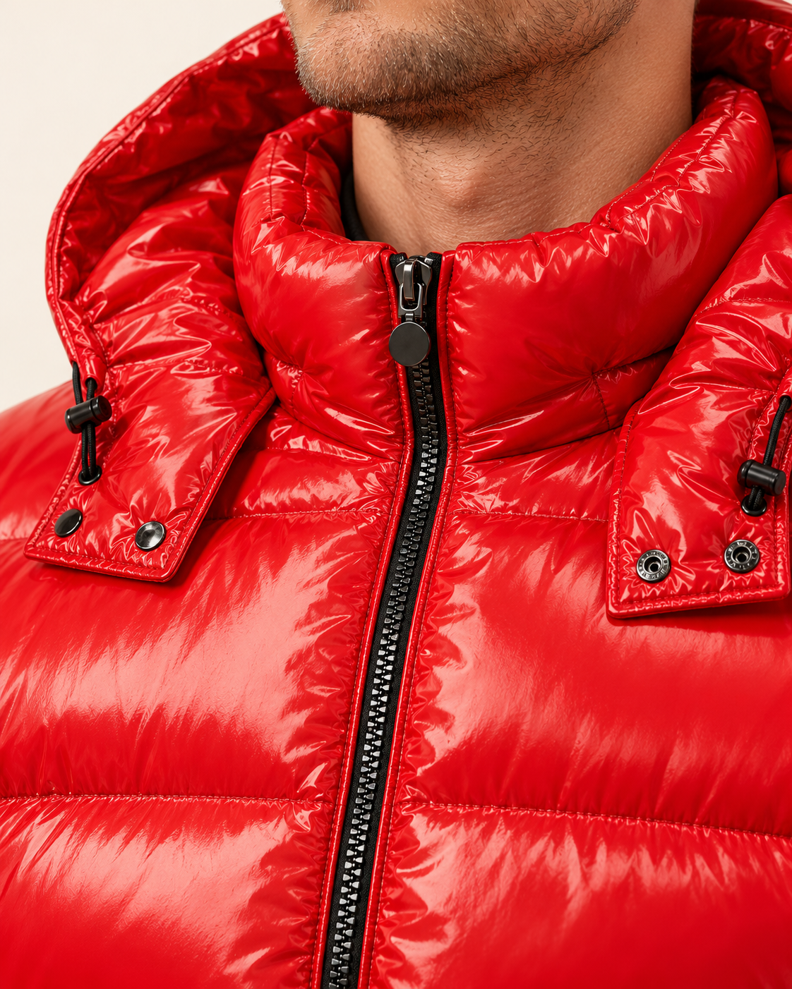 Men's Glossy Hooded Puffer Jacket in Red, view 2