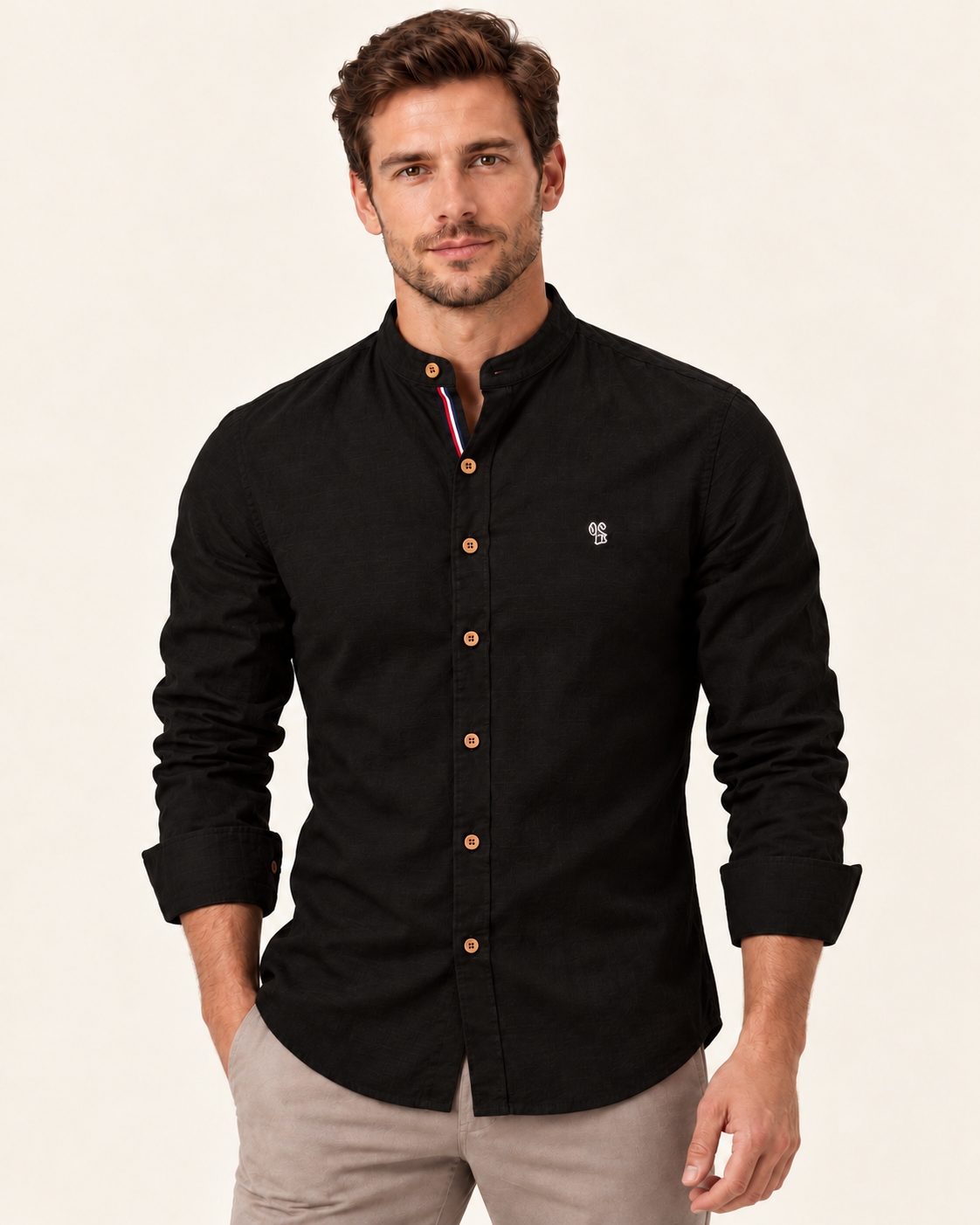 Men's Grandad Collar Slim Fit Shirt in Black