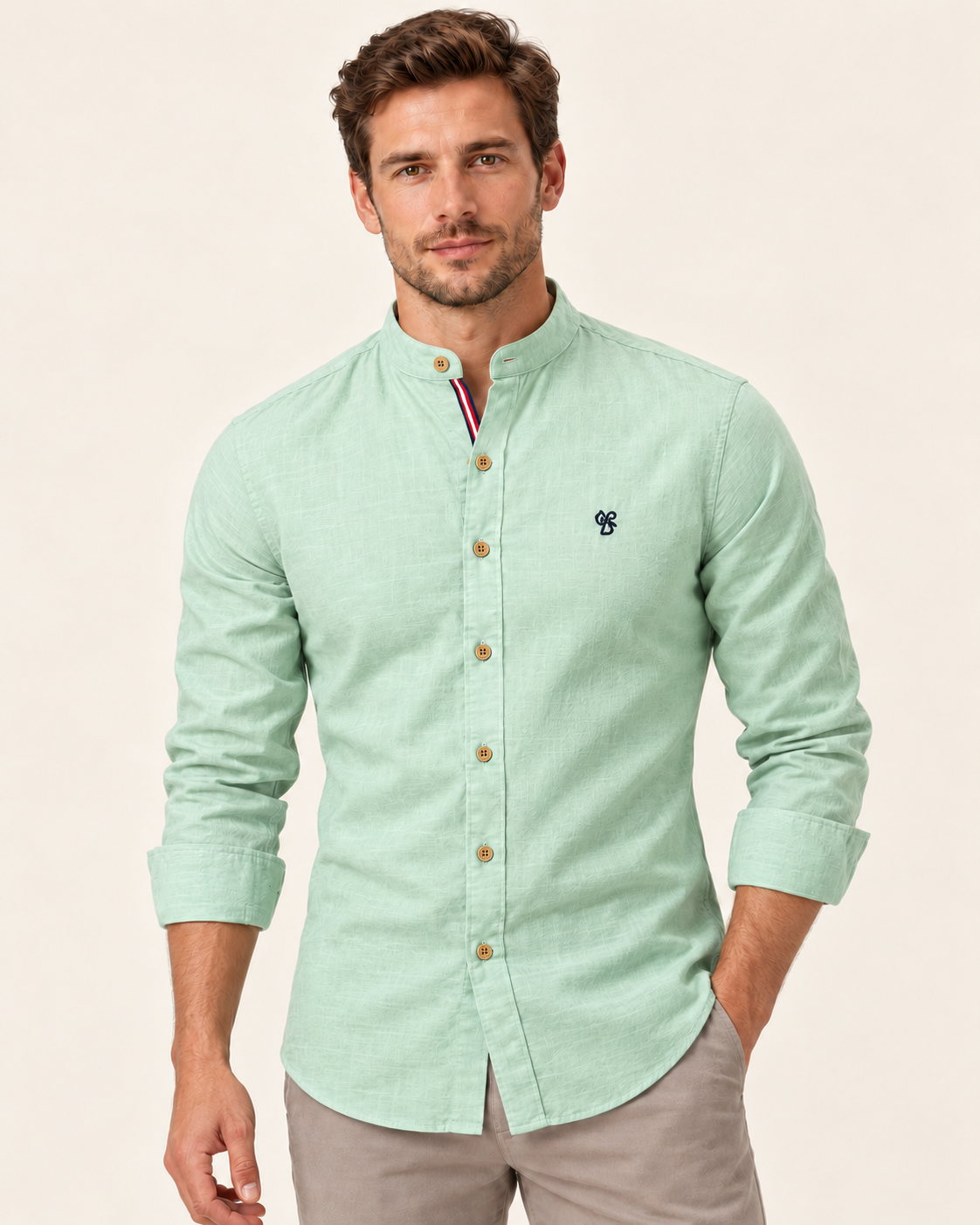 Men's Grandad Collar Slim Fit Shirt in Mint Green