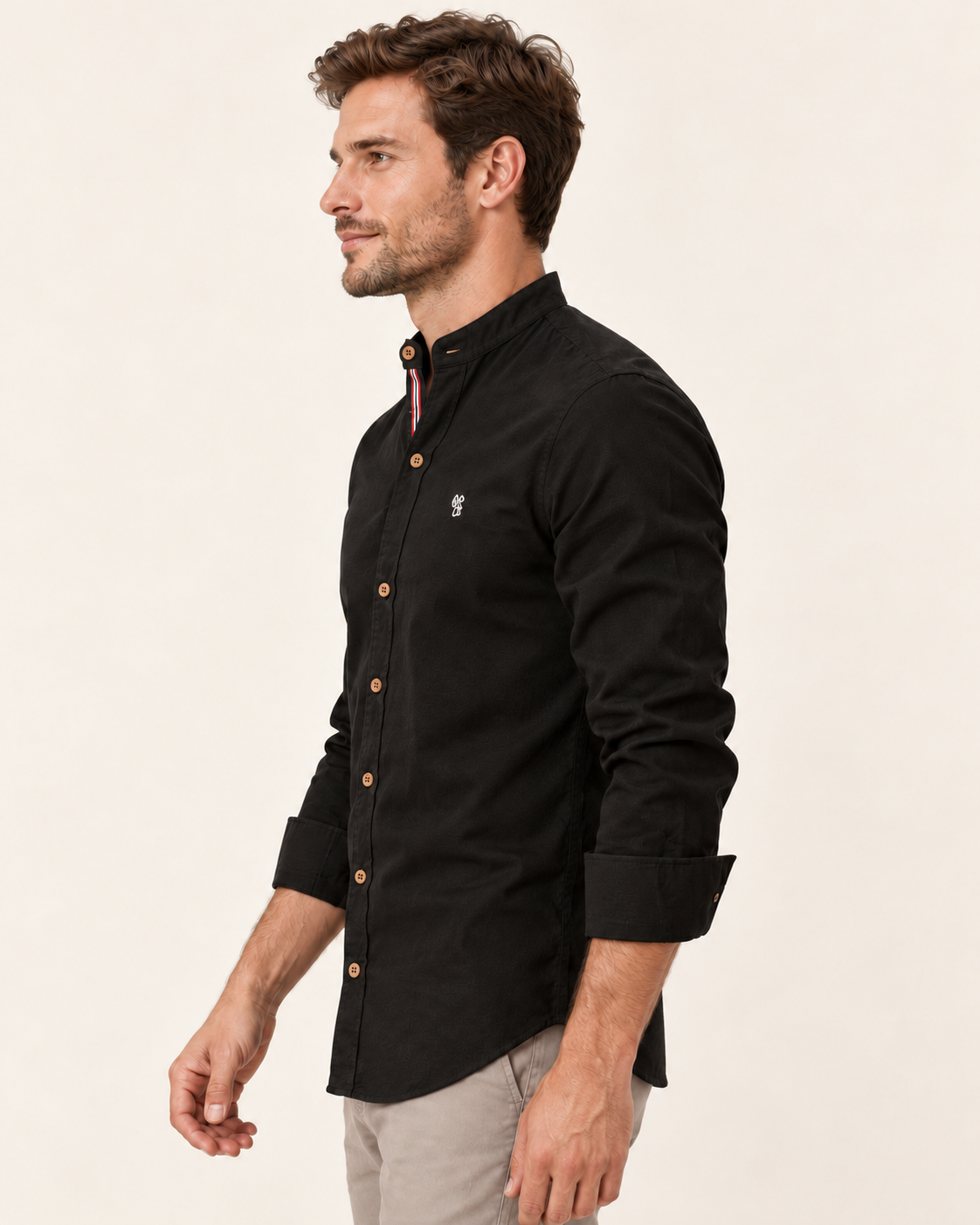 Men's Grandad Collar Slim Fit Shirt in Black, view 3