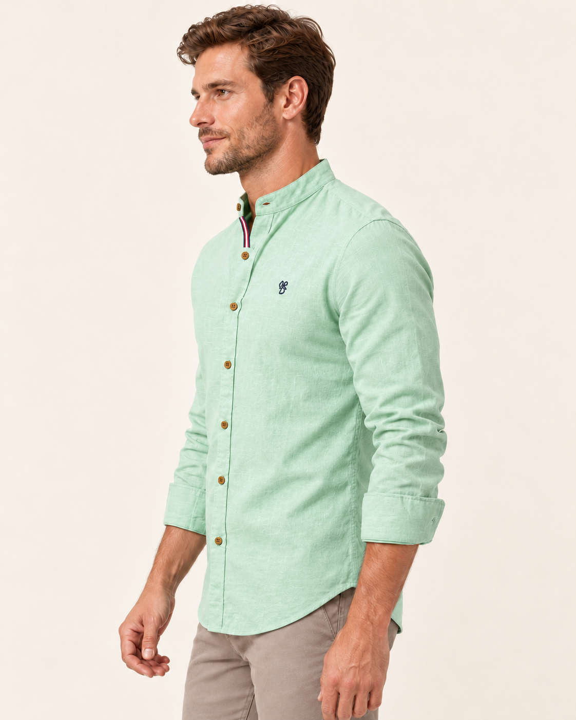 Men's Grandad Collar Slim Fit Shirt in Mint Green, view 3