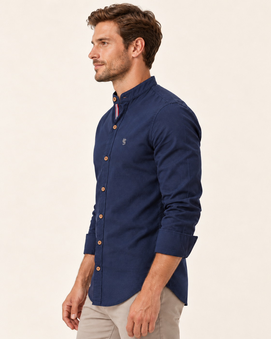 Men's Grandad Collar Slim Fit Shirt in Navy, view 3