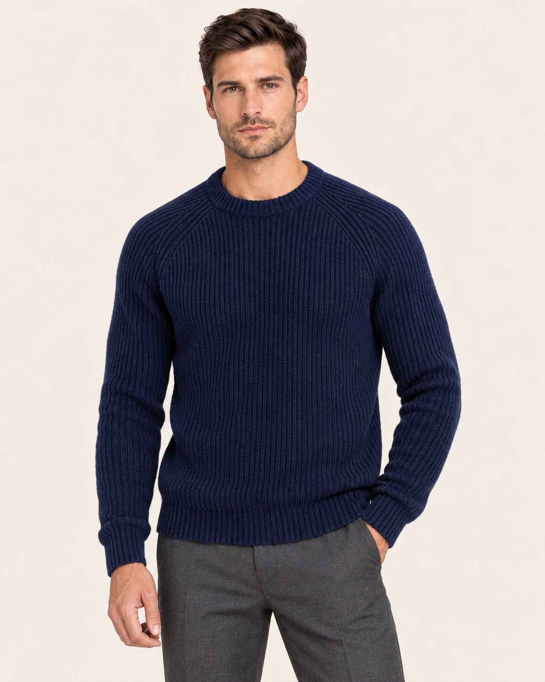 Men's Chunky Fisherman Rib Knit Crew Neck Jumper in Navy