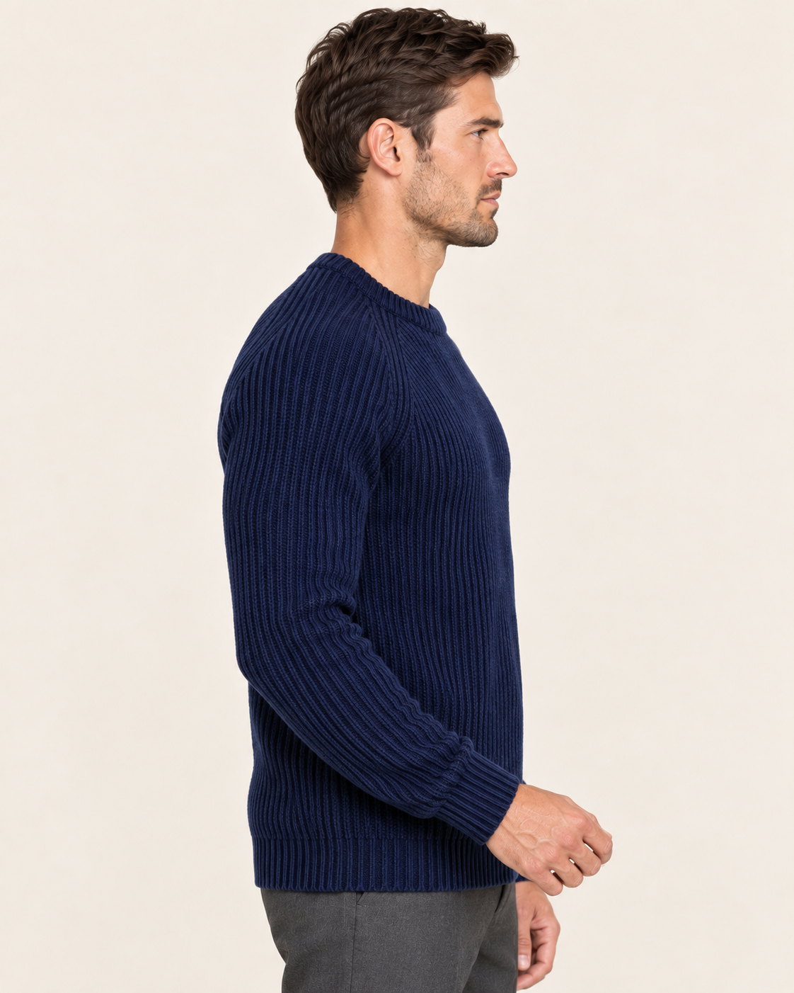 Men's Chunky Fisherman Rib Knit Crew Neck Jumper in Navy, side view