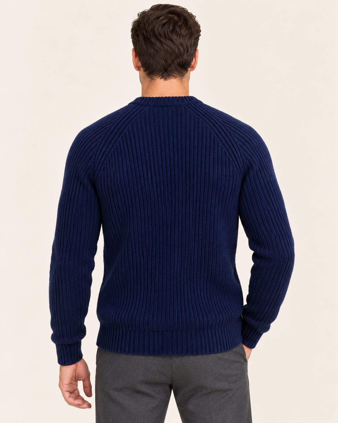 Men's Chunky Fisherman Rib Knit Crew Neck Jumper in Navy, back view