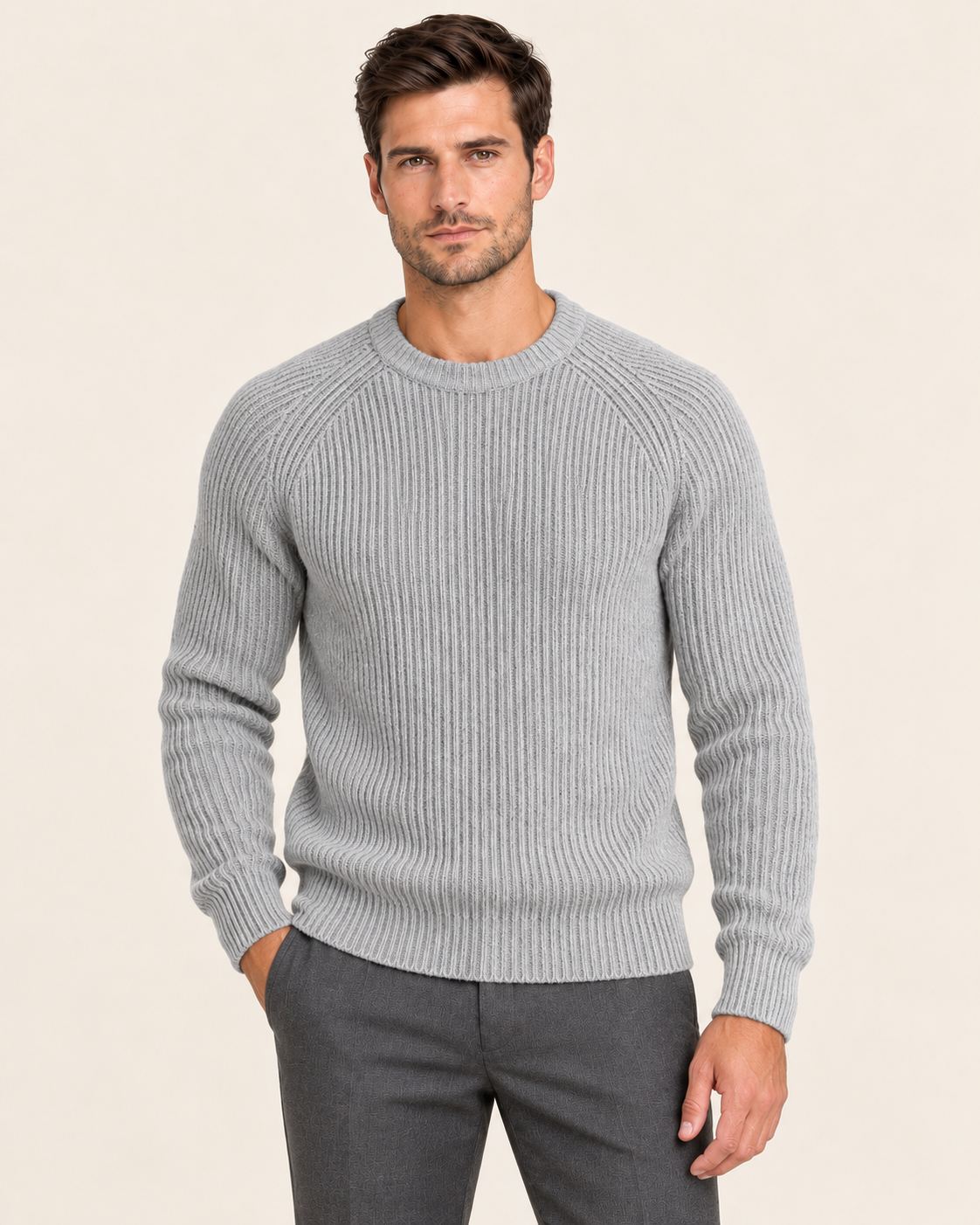 Men's Chunky Fisherman Rib Knit Crew Neck Jumper in Grey