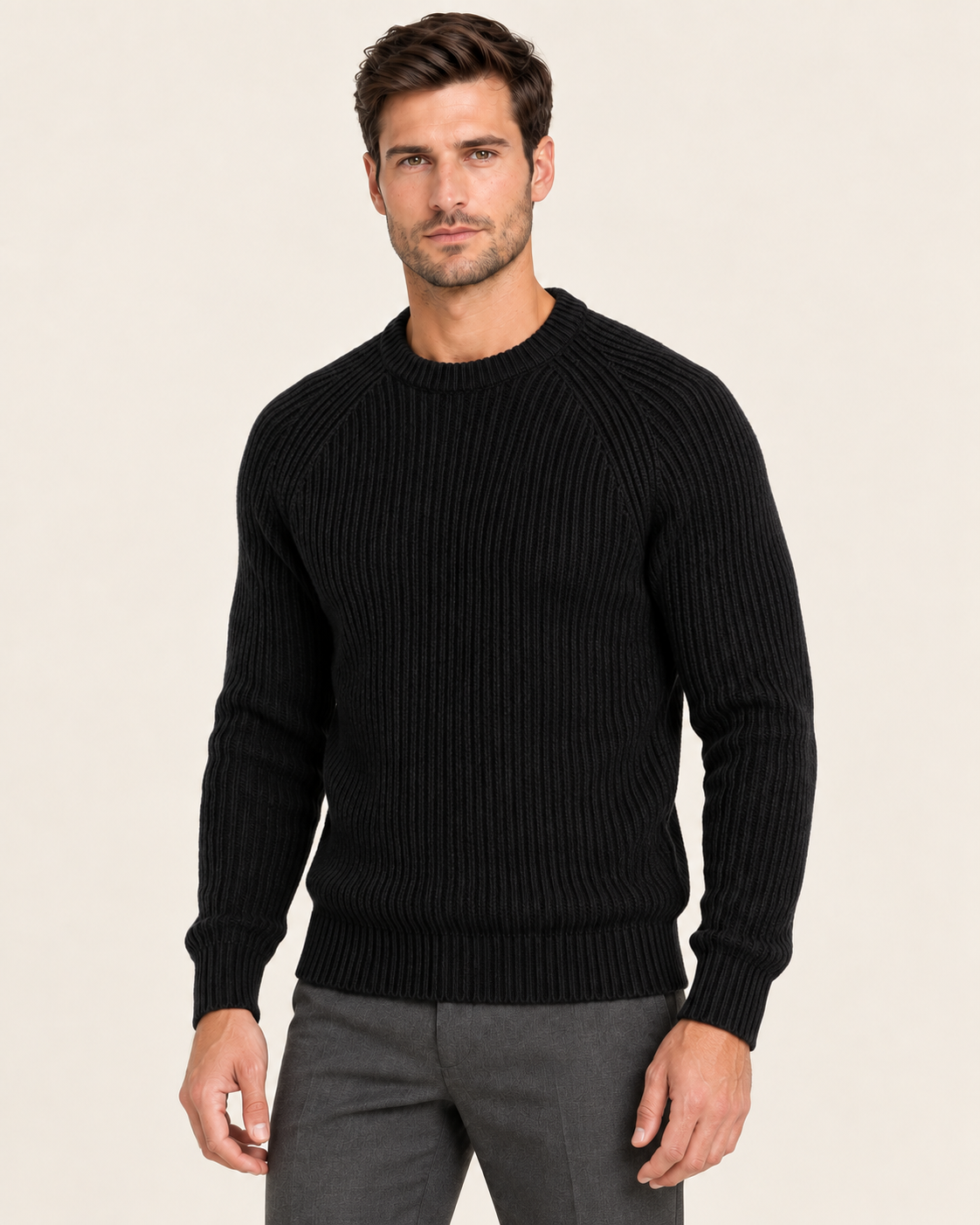 Men's Chunky Fisherman Rib Knit Crew Neck Jumper in Black