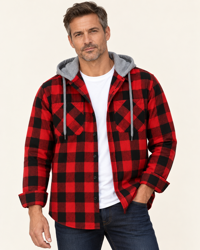 Men's Hooded Flannel-Style Check Shirt Jacket in Red & Black