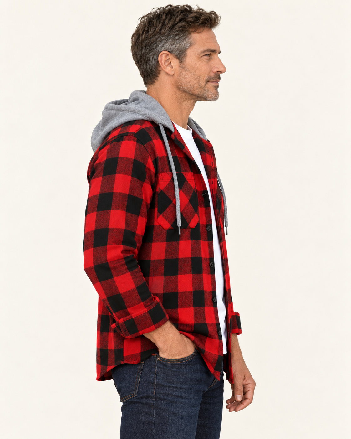 Men's Hooded Flannel-Style Check Shirt Jacket