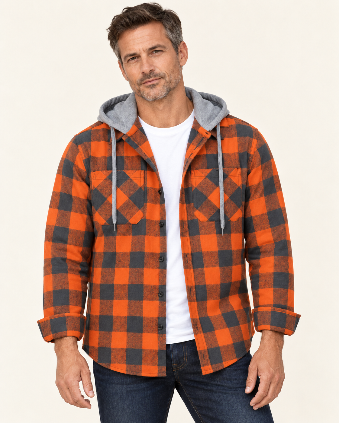 Men's Hooded Flannel-Style Check Shirt Jacket in Orange & Grey