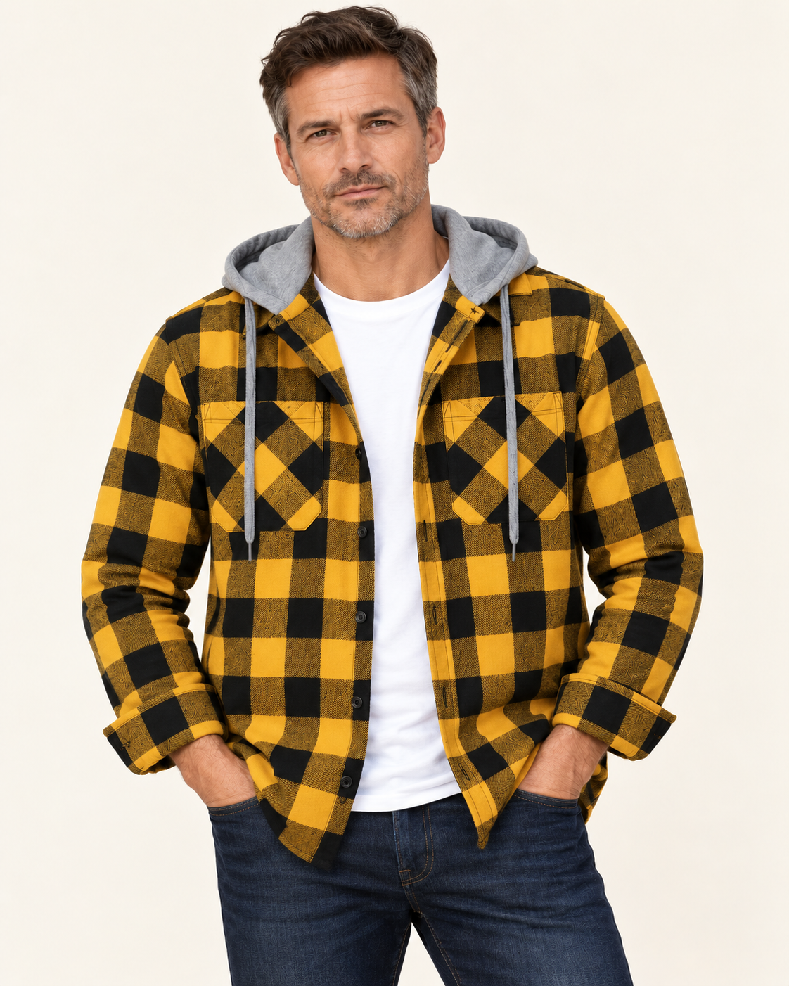 Men's Hooded Flannel-Style Check Shirt Jacket in Yellow & Black