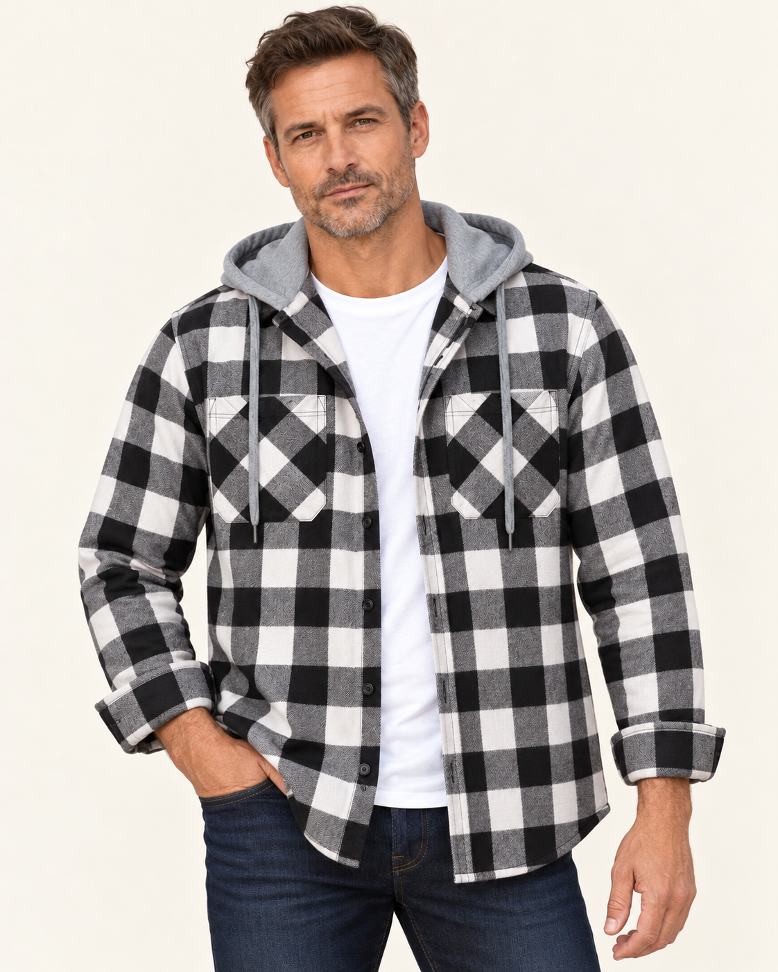 Men's Hooded Flannel-Style Check Shirt Jacket in Black & White
