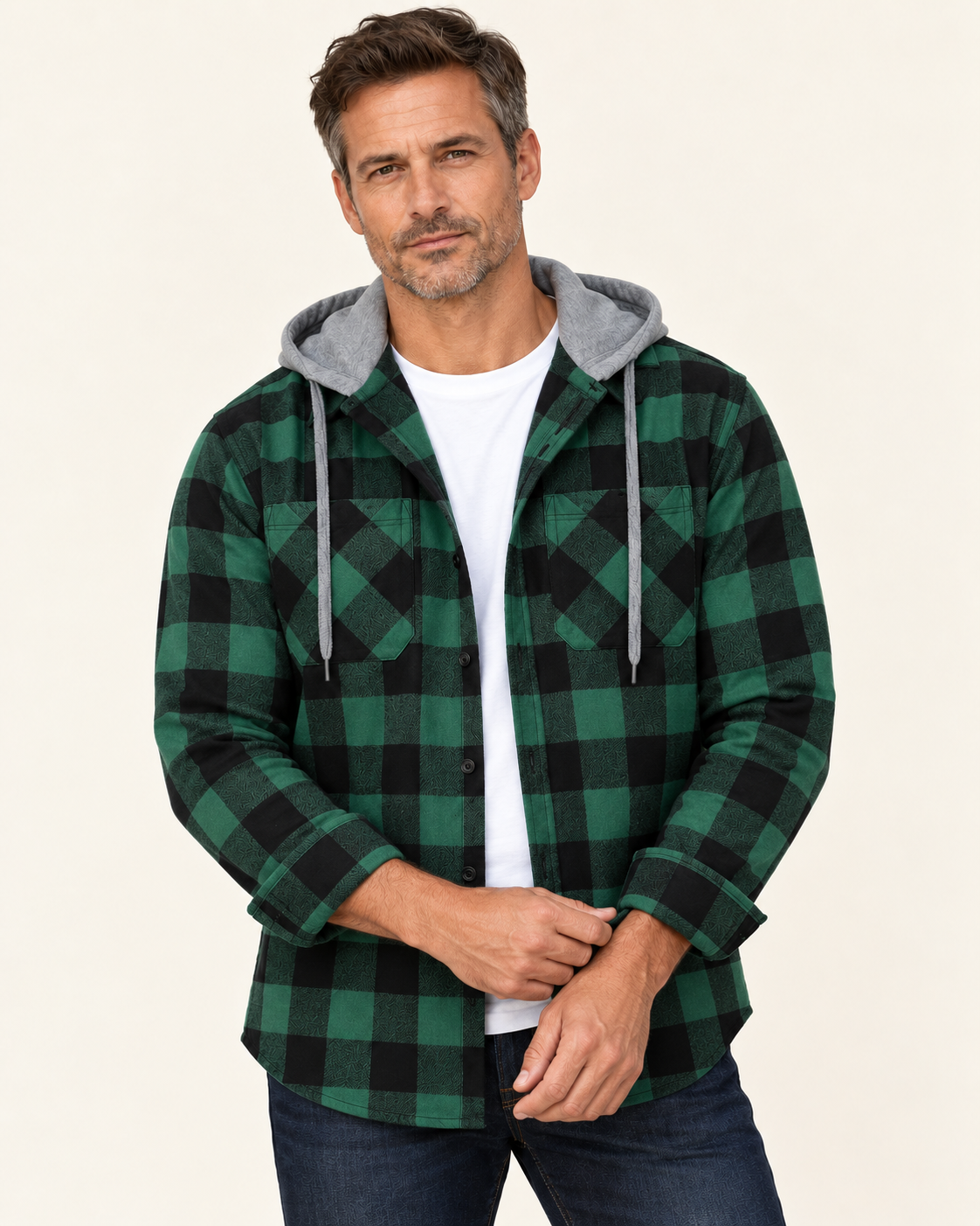 Men's Hooded Flannel-Style Check Shirt Jacket in Green & Black