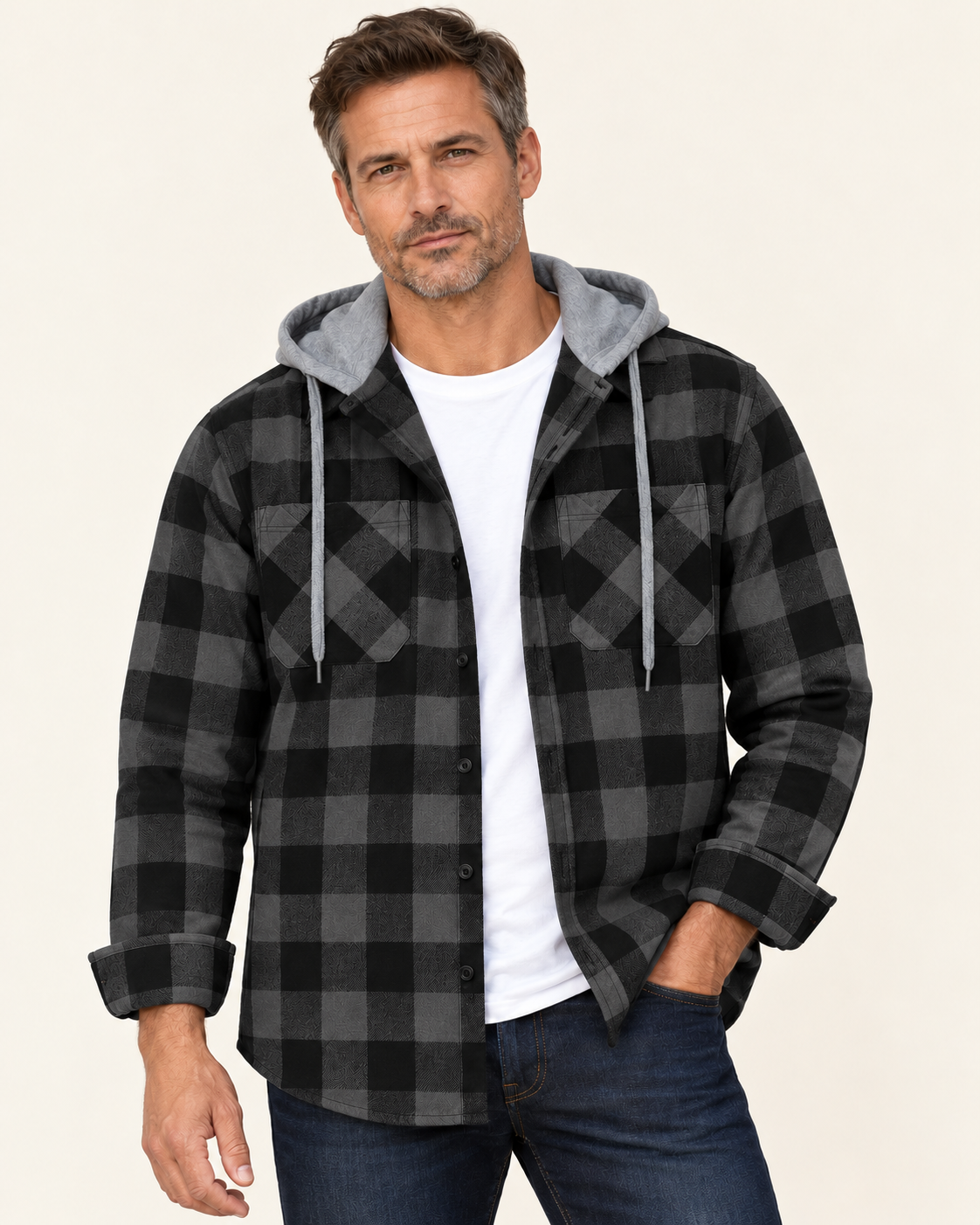 Men's Hooded Flannel-Style Check Shirt Jacket in Grey & Black