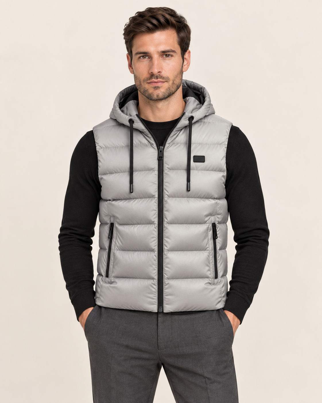 Men's Hooded Puffer Gilet Bodywarmer with Zip Pockets in Grey