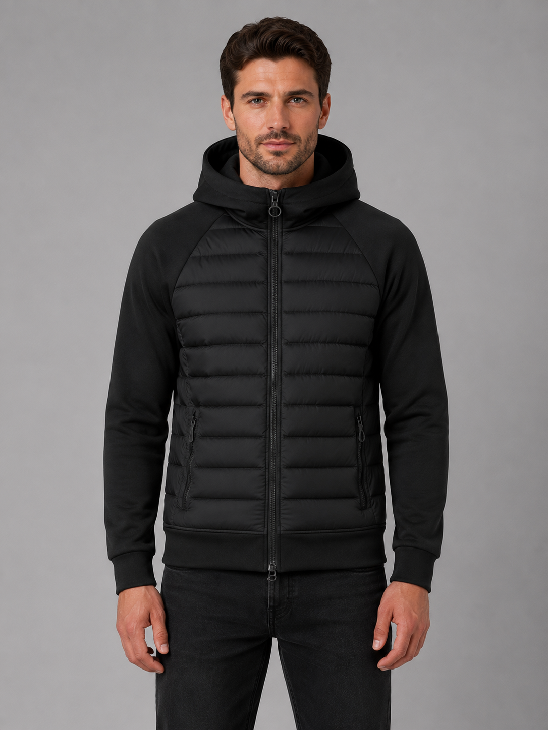 Men's Hooded Quilted Jacket Zip-Up Casual Outerwear Lightweight Layering