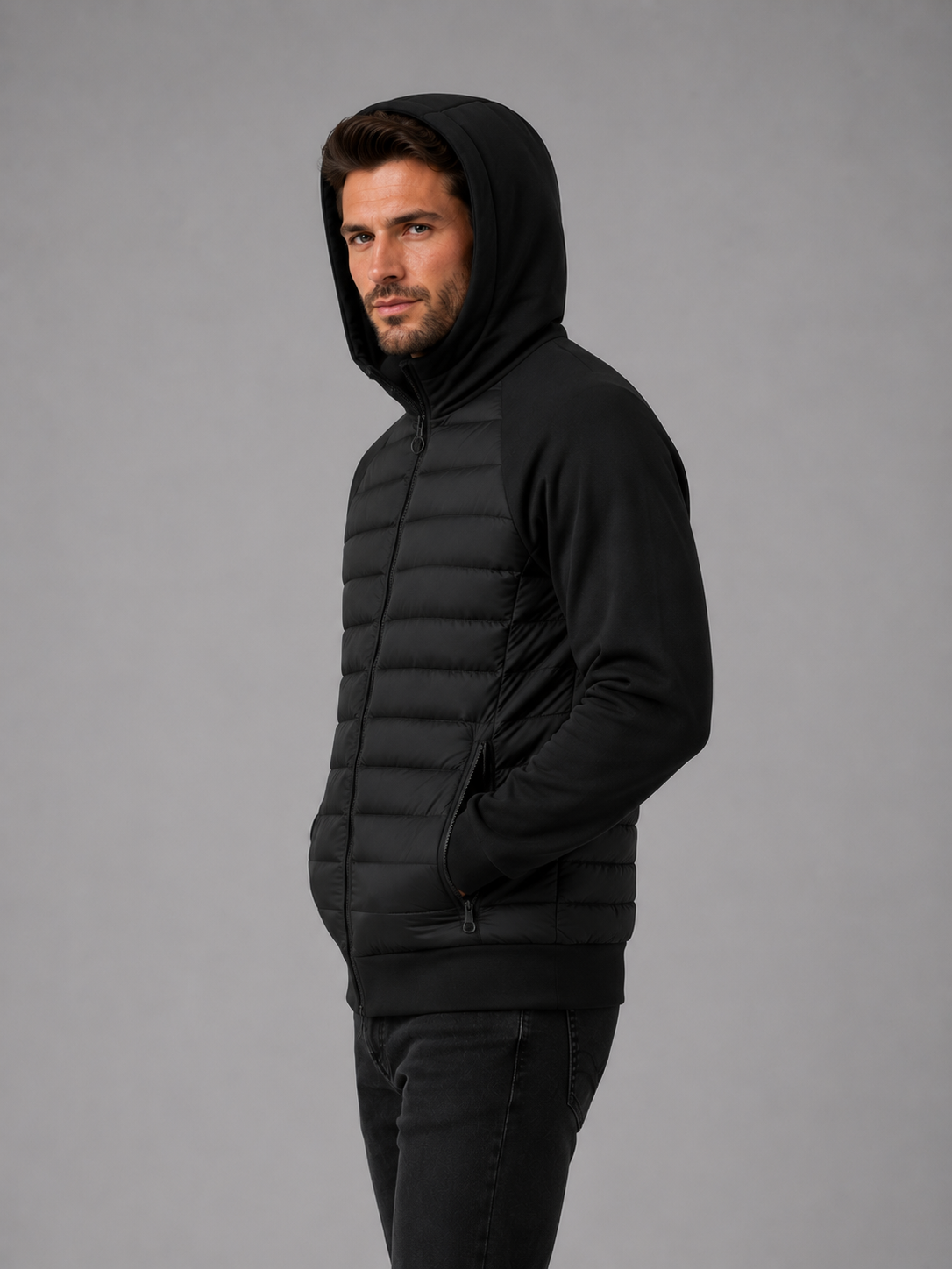 Men's Hooded Quilted Jacket Zip-Up Casual Outerwear Lightweight Layering