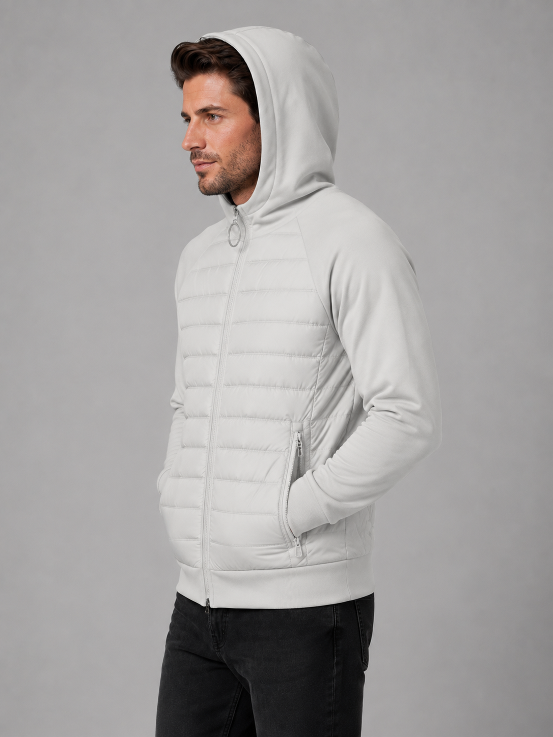 Men's Hooded Quilted Jacket Zip-Up Casual Outerwear Lightweight Layering