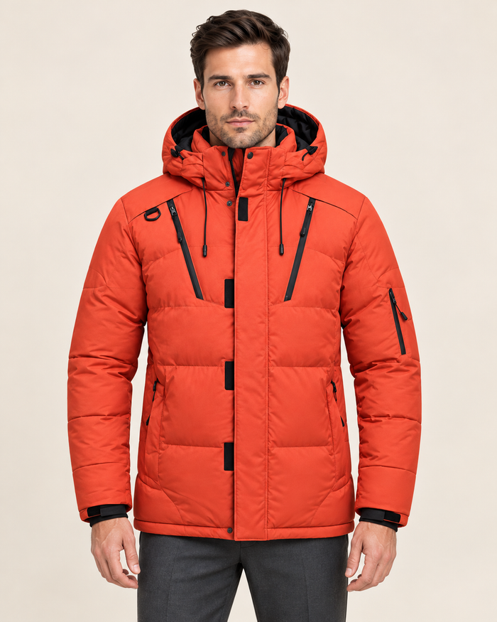 Men's Waterproof Hooded Puffer Jacket with Zip Chest Pockets in Orange