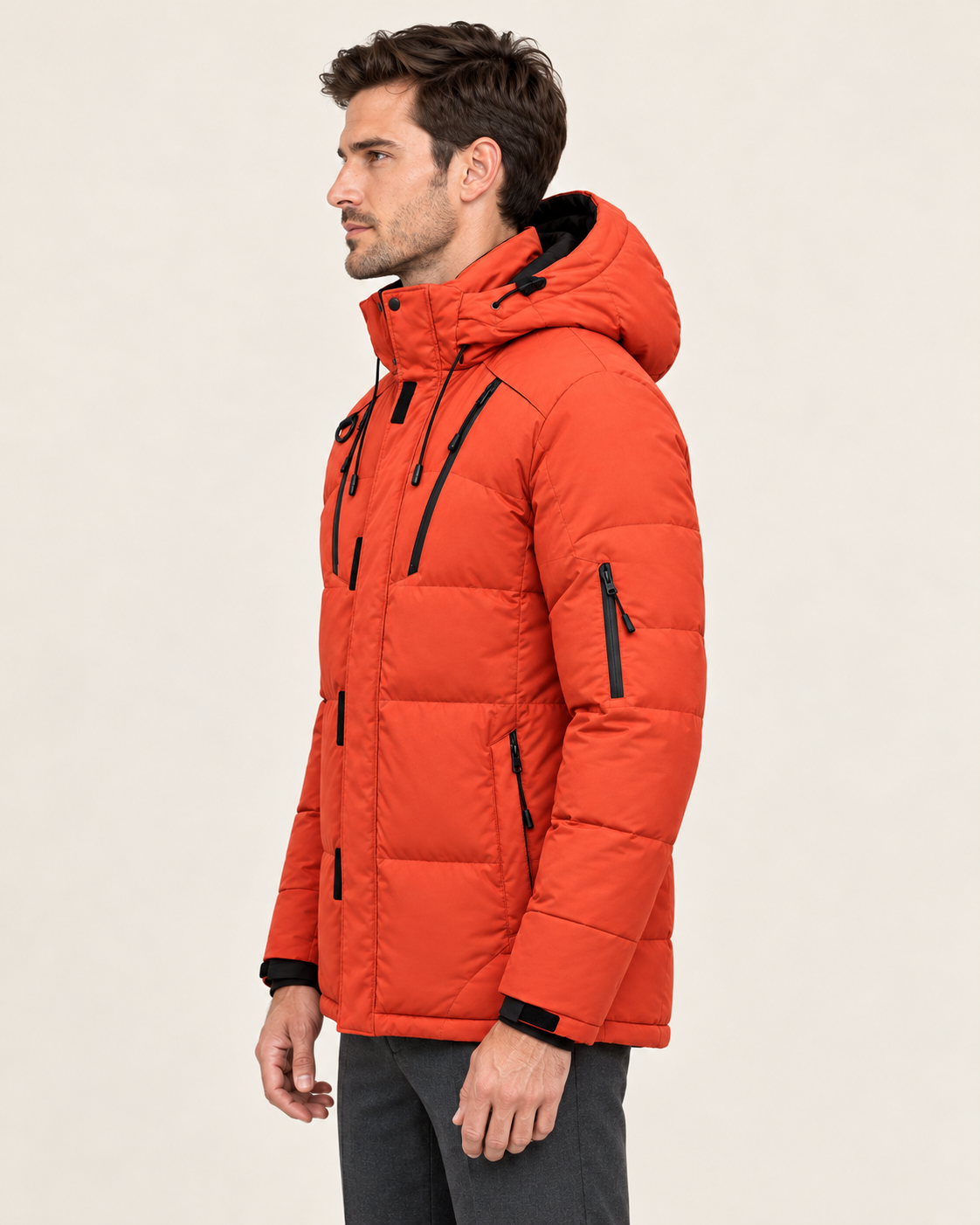 Men's Waterproof Hooded Puffer Jacket with Zip Chest Pockets in Orange, side view