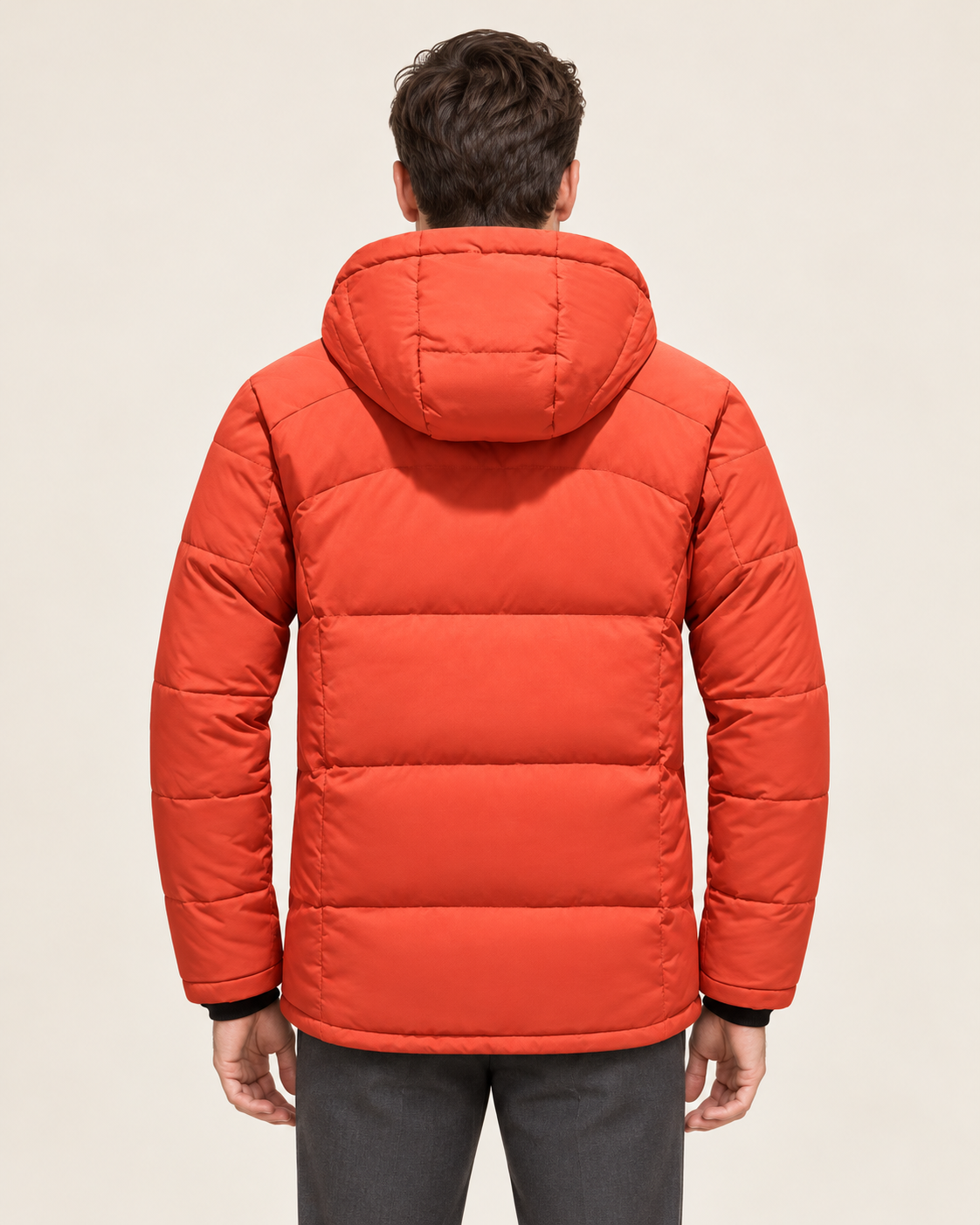 Men's Waterproof Hooded Puffer Jacket with Zip Chest Pockets in Orange, back view