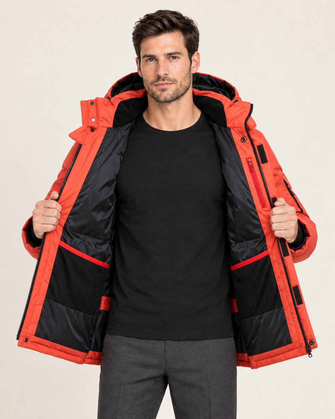 Men's Waterproof Hooded Puffer Jacket with Zip Chest Pockets in Orange, open front and lining