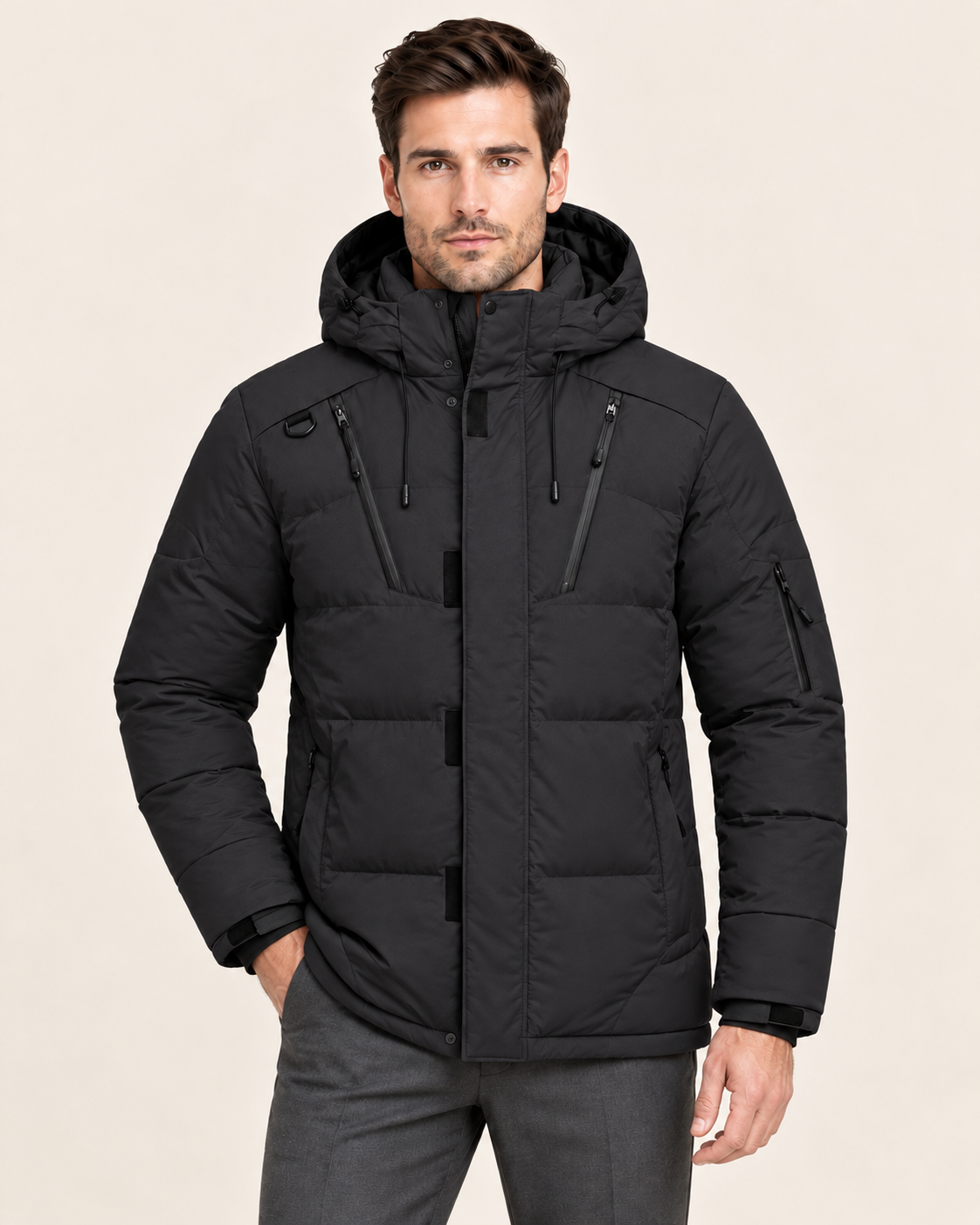 Men's Waterproof Hooded Puffer Jacket with Zip Chest Pockets in Black