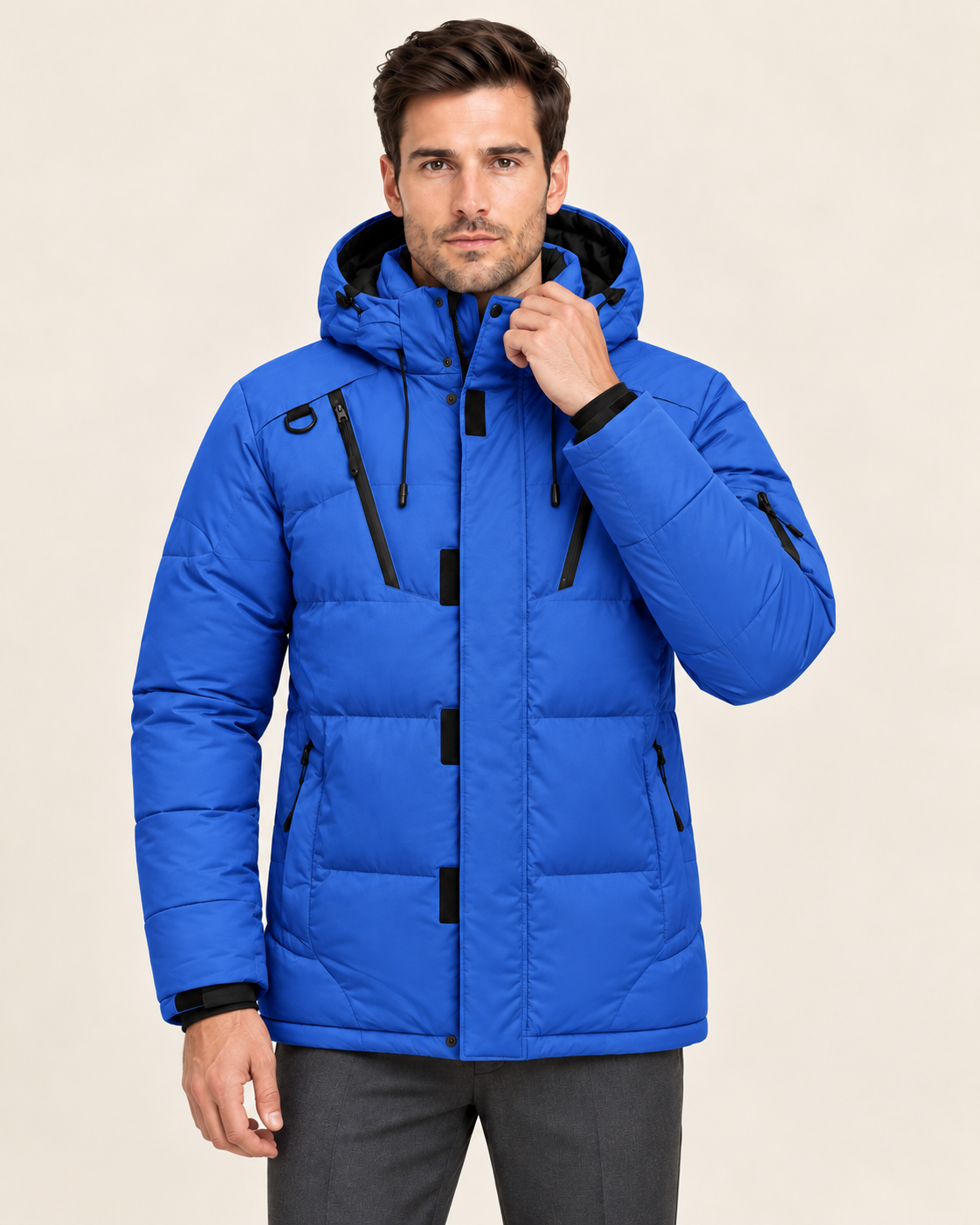 Men's Waterproof Hooded Puffer Jacket with Zip Chest Pockets in Blue