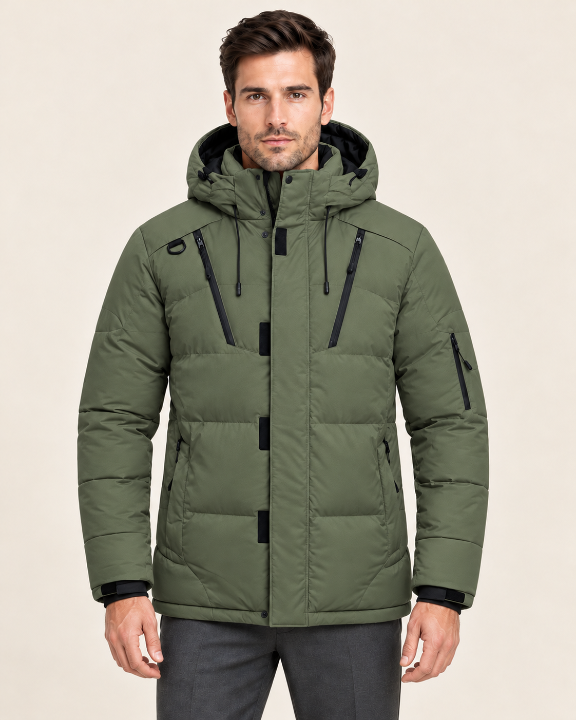 Men's Waterproof Hooded Puffer Jacket with Zip Chest Pockets in Green